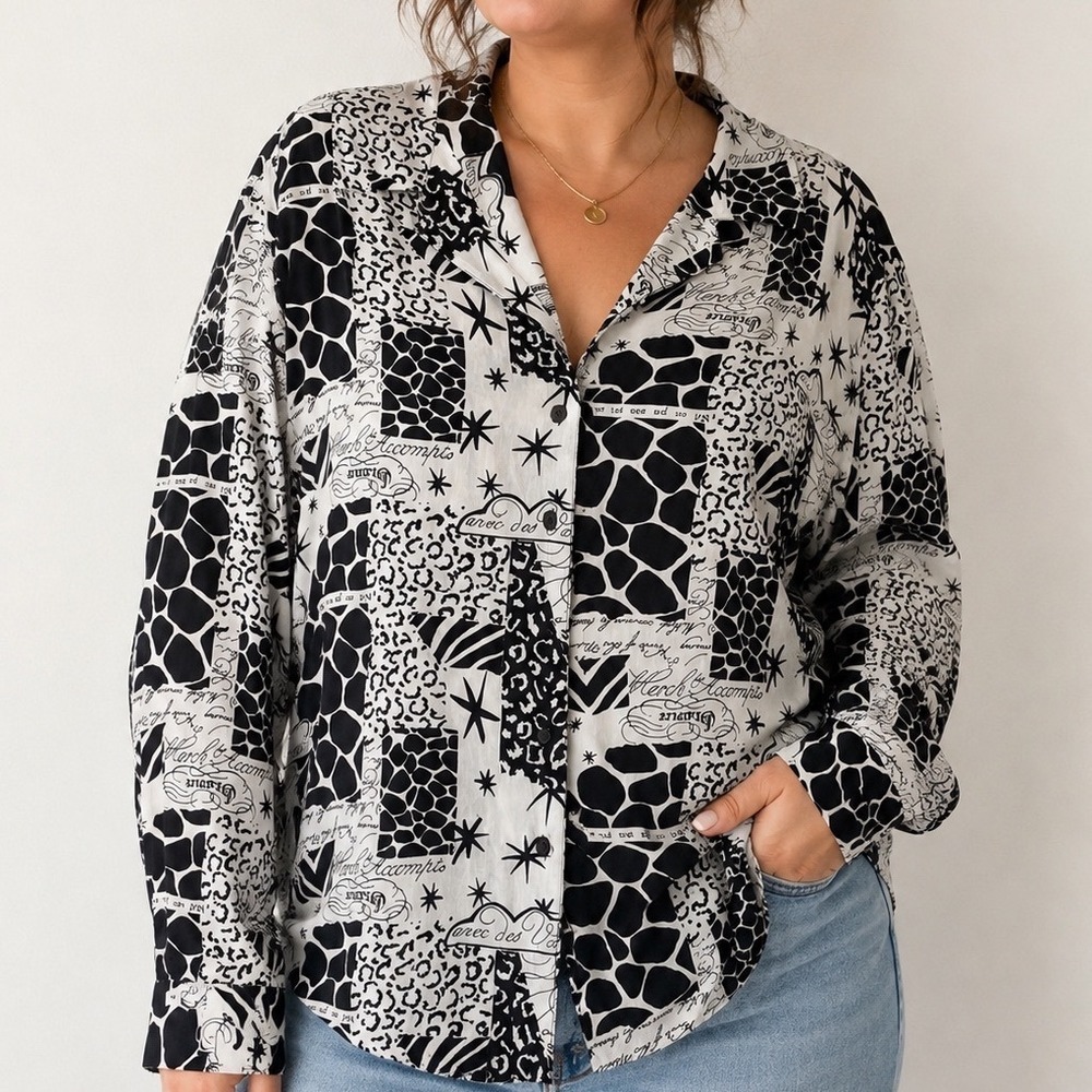100% Silk Animal Print Blouse Women's XL Black White Studio 3000 Button Front